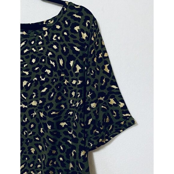 Chicos 2 Womens Large Olive Green Cheetah Print Top Cuffed Sleeve Gold Foil Boho - Picture 3 of 9